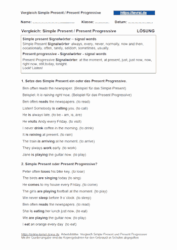 Arbeitsblatt für den Vergleich vom Simple Present und Present Progressive
